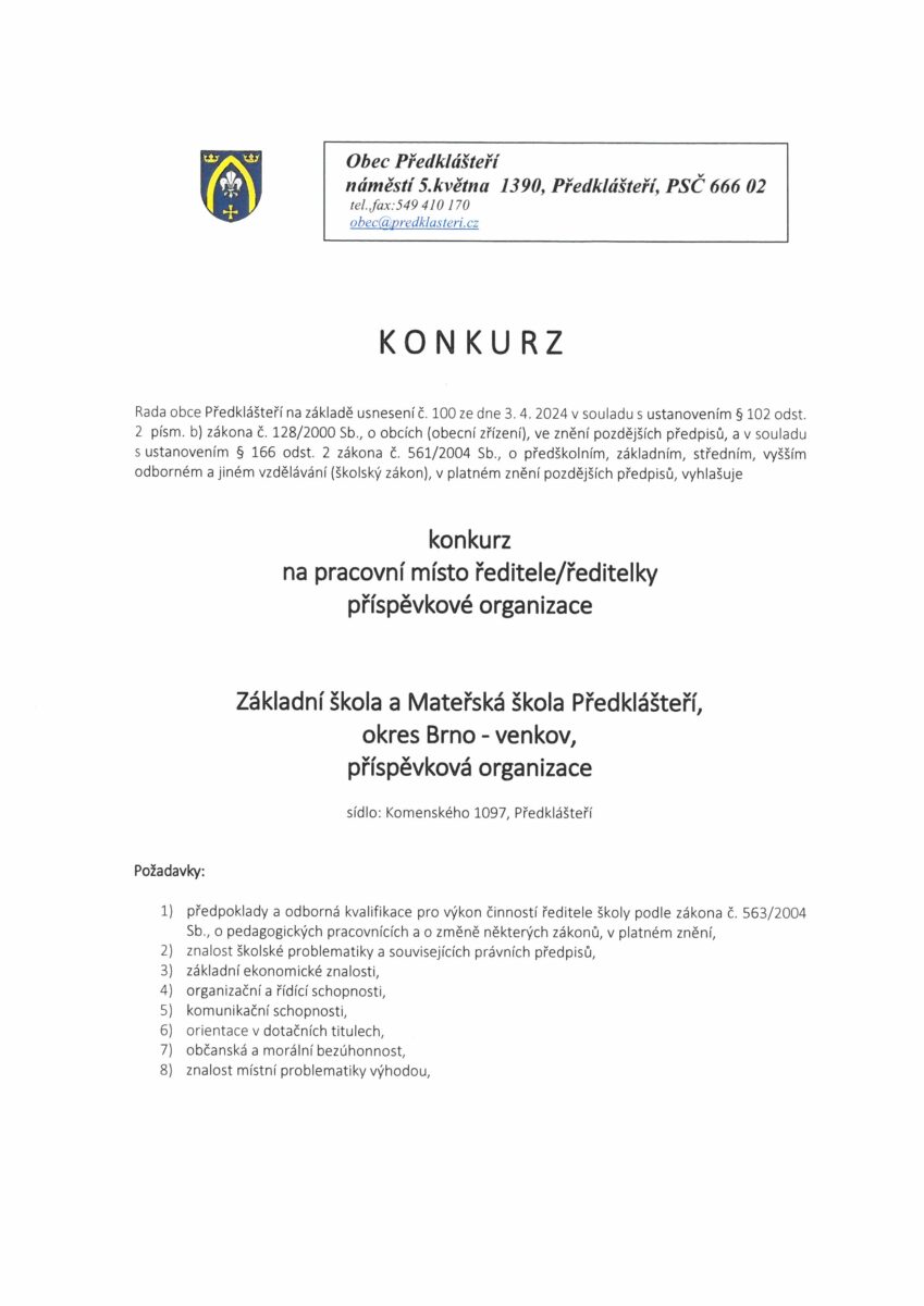 Předklášteří, konkurz na ředitele/ku ZŠ a MŠ