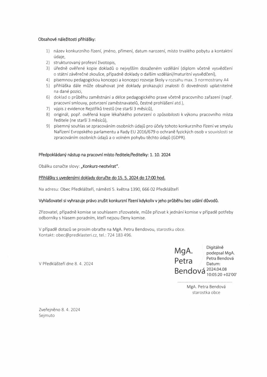 Předklášteří, konkurz na ředitele/ku ZŠ a MŠ
