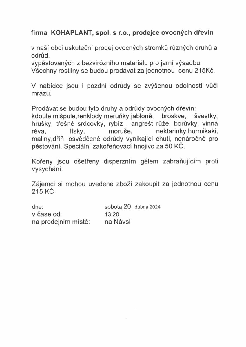 Prodej stromků 20.4.2024