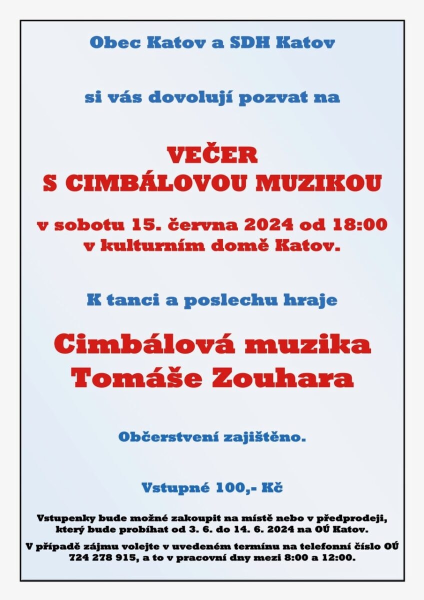 Večer s cimbálovou muzikou, 15.6.2024 v Katově